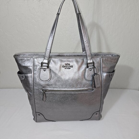 Coach F34039 Mickey Large Silver Leather Zip Top Shoulder Tote Bag - Picture 1 of 15
